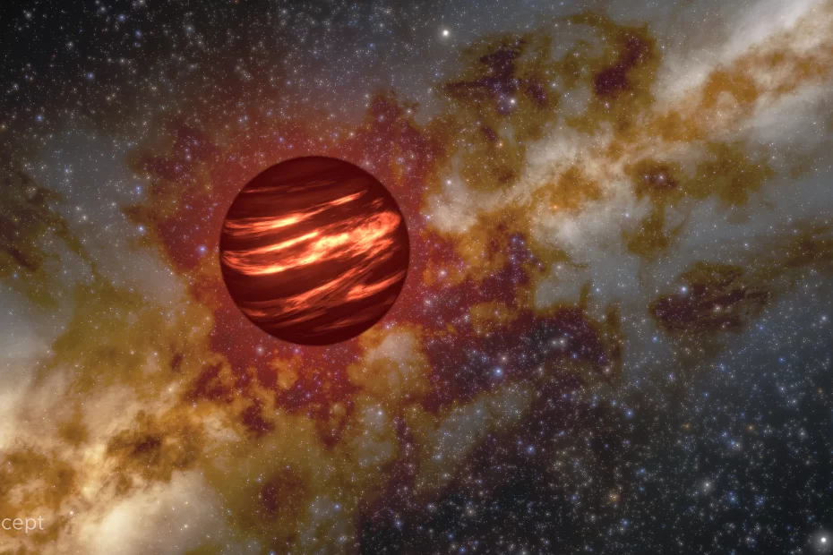 Conceito artístico mostra uma anã marrom — um objeto maior que um planeta, mas sem massa suficiente para iniciar a fusão em seu núcleo como uma estrela. As anãs marrons são quentes quando se formam e podem brilhar como esta, mas, com o tempo, sua temperatura se aproxima da de planetas gigantes gasosos como Júpiter.