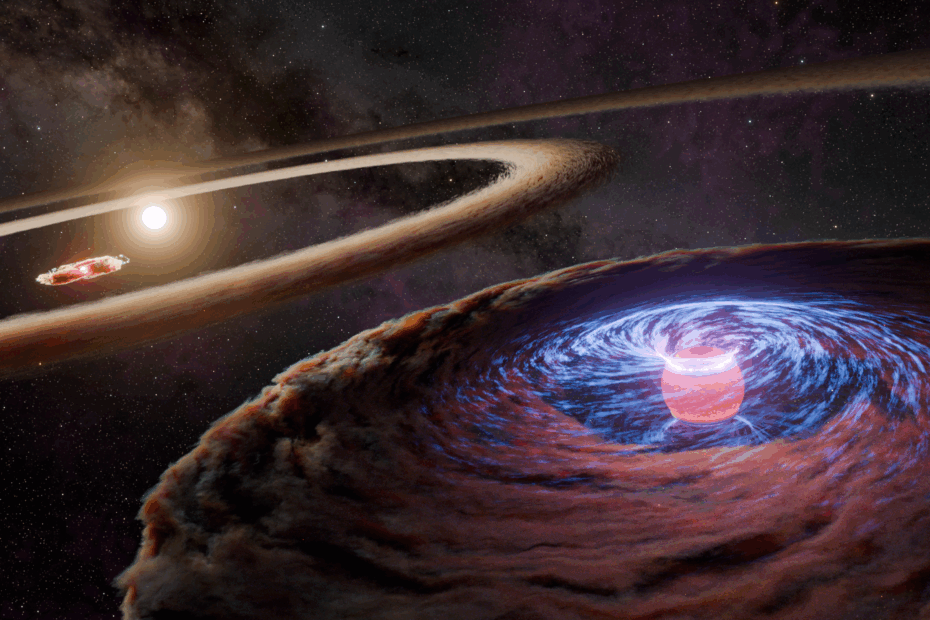 Este conceito artístico mostra o protoplaneta WISPIT 2b acumulando matéria enquanto orbita sua estrela, WISPIT 2.