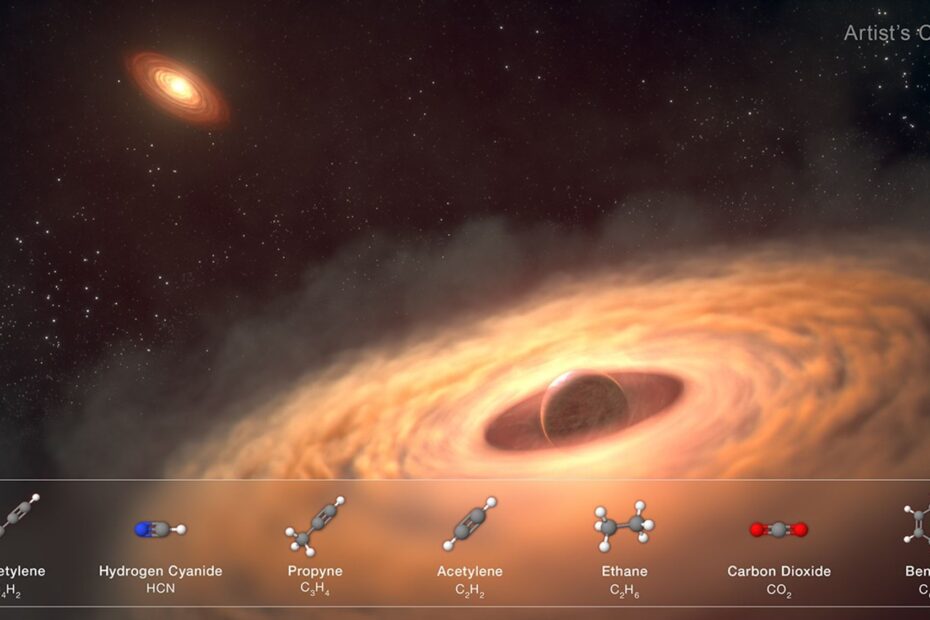 Uma representação artística de um disco de poeira e gás em torno do jovem exoplaneta CT Cha b, a 625 anos-luz da Terra. Dados espectroscópicos do Telescópio Espacial James Webb da NASA sugerem que o disco contém as matérias-primas para a formação de luas: diacetileno, cianeto de hidrogênio, propino, acetileno, etano, dióxido de carbono e benzeno.