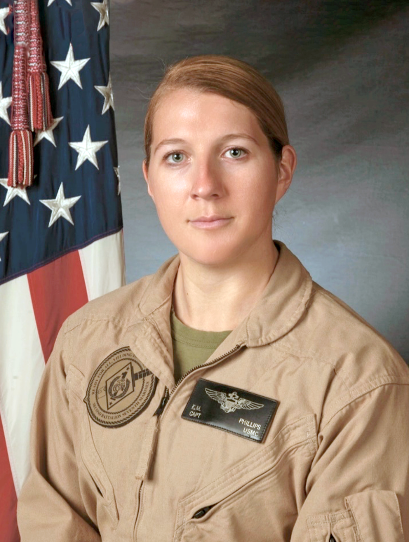 Emily Phillips, from Waynesburg, Pennsylvania, is a captain and pilot in the United States Marine Corps. She currently serves as a forward air controller and air officer attached to an infantry battalion stationed at the Marine Corps Air Ground Combat Center in Twentynine Palms, California.