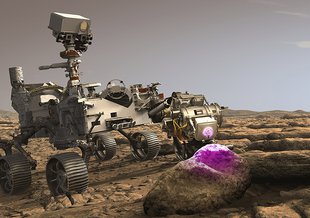 "O rover Perseverance da NASA em Marte usando seu braço robótico para escanear de perto uma rocha, coletando dados em busca de possíveis sinais de vida microbiana passada — parte de sua missão de astrobiologia no planeta vermelho