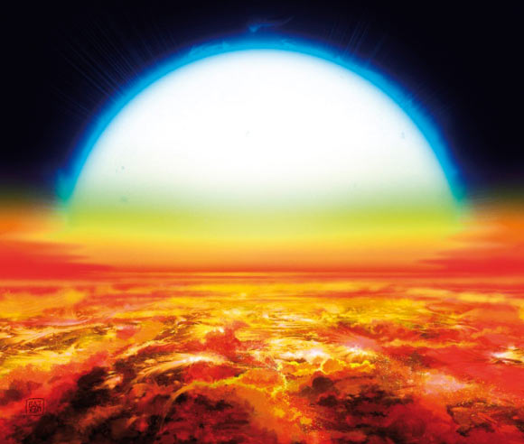 "Impressão artística de um pôr do sol no Júpiter ultraquente KELT-9b. Crédito da imagem: Denis Bajram.