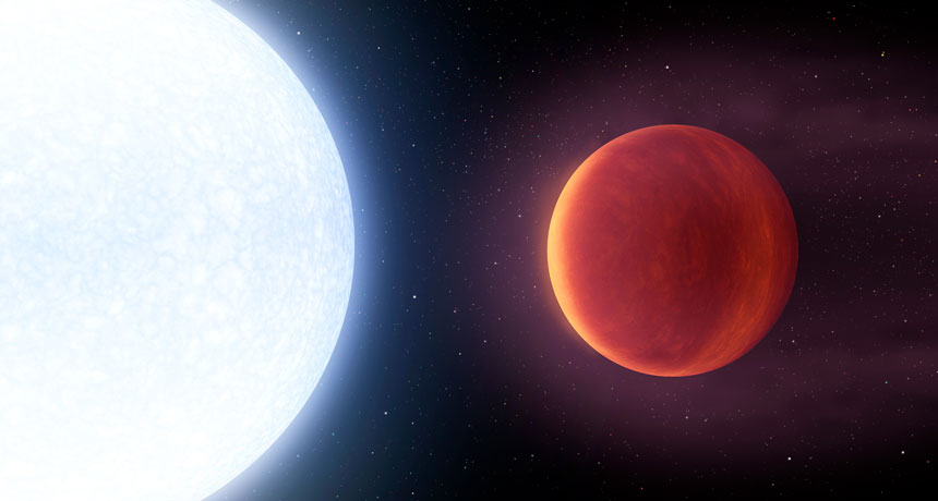 Uma representação visual de Kelt-9b, um exoplaneta gasoso quente, ao lado de sua estrela. O planeta aparece com uma cor dourada avermelhada, irradiando calor intenso, enquanto a estrela, muito maior e mais brilhante, emite uma luz azul-branca ofuscante. O espaço ao fundo é profundo e escuro, com algumas estrelas distantes visíveis o Planeta Mais Quente do Universo