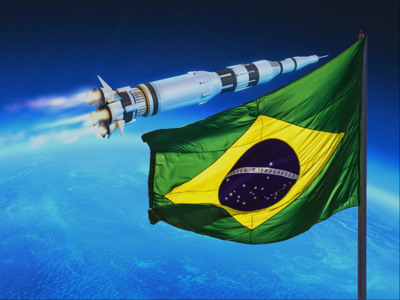 Foguete acima da órbita da Terra com a bandeira do Brasil ao fundo, simbolizando o avanço do Programa Espacial Brasileiro.