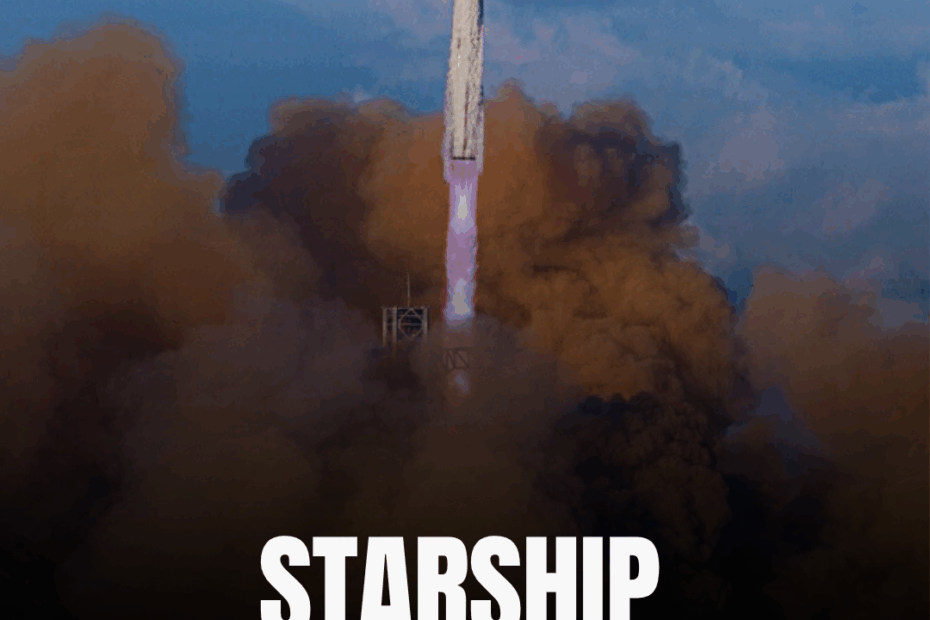 Foguete Starship da SpaceX decolando da base no Texas durante o 11º voo de teste, marcando a aposentadoria da versão V2 e preparando a Starship V3 para futuras missões espaciais.”