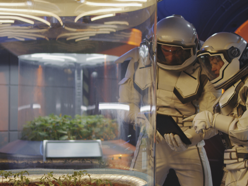 Dois astronautas em trajes espaciais observam uma estufa de cultivo na superfície lunar, onde plantas crescem sob luz artificial em ambiente controlado. Ao fundo, o solo cinzento da Lua reflete a iluminação suave da instalação.