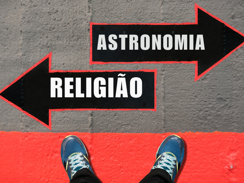 lustração de uma pessoa parada no centro, olhando para o chão. À direita, uma seta indica o caminho da astronomia, com elementos como estrelas e telescópio. À esquerda, uma seta aponta para a religião, com símbolos de fé e espiritualidade