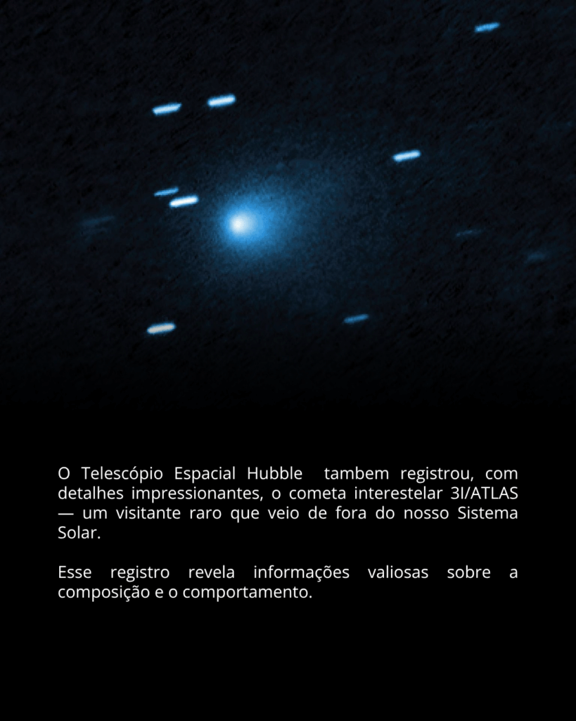 o cometa interestelar 3I/ATLAS Registrado pelo Hubble fundo preto e o destaque o cometa 3i atlas em espectro azul