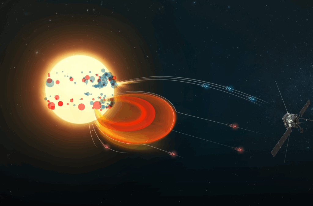 Infográfico mostrando como a espaçonave Solar Orbiter rastreia elétrons superrápidos até suas fontes no Sol. O Sol aparece à esquerda, com pontos coloridos representando fontes de elétrons energéticos provenientes de erupções solares (azul) e ejeções de massa coronal (vermelho). Linhas curvas ilustram as linhas do campo magnético pelas quais os elétrons viajam desses eventos até a Solar Orbiter, mostrada à direita contra um fundo estrelado. O texto explica que mais de 300 explosões de “Elétrons Energéticos Solares” foram observadas entre novembro de 2020 e dezembro de 2022, permitindo aos cientistas conectar os elétrons detectados no espaço com suas origens no Sol.