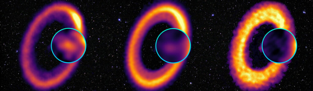 magem em múltiplas frequências de PDS 70, com um zoom no protoplaneta em formação PDS 70c. Da esquerda para a direita, estão as bandas 4, 7 e 9 do ALMA. O PDS 70c brilha nas bandas 4 e 7, mas não na banda 9, o que pode ser atribuído à emissão de gás ionizado.

📸 Crédito: O. Domínguez et al. – N. Lira – ALMA (ESO/NAOJ/NRAO).