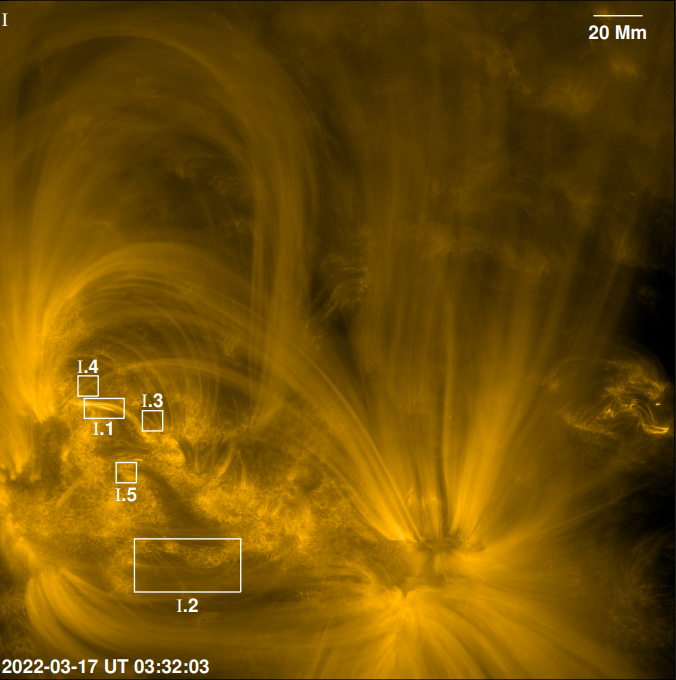 Imagem mostrando uma região ativa do Sol, capturada em 17 de março de 2022. As áreas destacadas representam pontos onde o aquecimento da atmosfera solar acontece de forma intermitente. Regiões próximas ao centro aparecem em detalhes em outras imagens. O brilho indica a intensidade da atividade solar, e o norte está aproximadamente para cima.