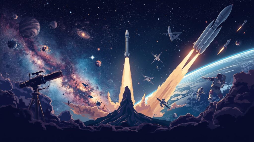 Ilustração estilizada mostrando a transição do estudo do cosmos para a exploração espacial: à esquerda, telescópios e estrelas, constelações e galáxias; à direita, foguetes, satélites e astronautas em ação. Tons de azul, roxo e dourado, estilo semi-realista com iluminação dramática, atmosfera inspiradora e futurista, texto do título integrado de forma elegante na parte superior