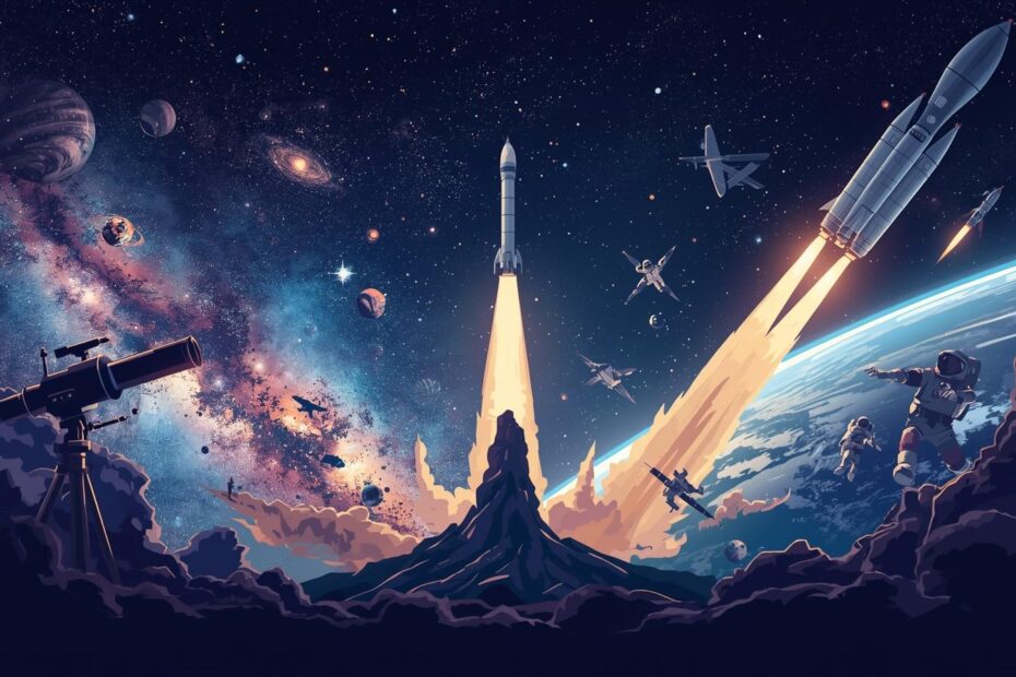 Ilustração estilizada mostrando a transição do estudo do cosmos para a exploração espacial: à esquerda, telescópios e estrelas, constelações e galáxias; à direita, foguetes, satélites e astronautas em ação. Tons de azul, roxo e dourado, estilo semi-realista com iluminação dramática, atmosfera inspiradora e futurista, texto do título integrado de forma elegante na parte superior