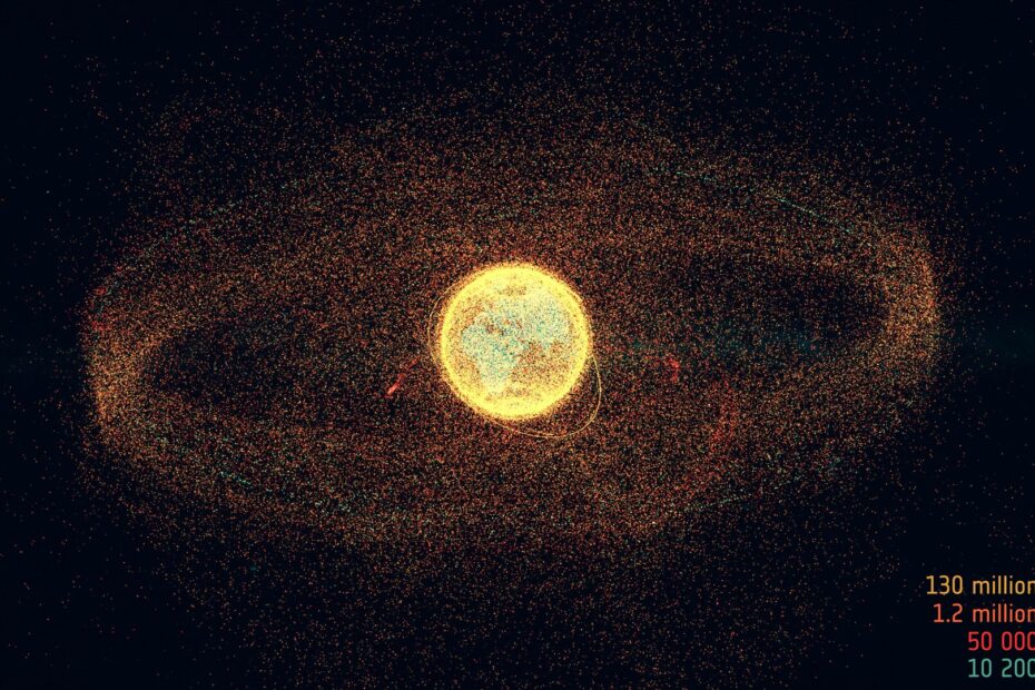 Uma impressionante imagem do curta-documentário da ESA “Space Debris: Is it a Crisis?” (Lixo Espacial: É uma Crise?), sobre o estado atual dos detritos espaciais, que estreou na 9ª Conferência Europeia sobre Lixo Espacial em 1º de abril de 2025. A Terra está cercada por milhares de satélites que realizam trabalhos essenciais — fornecendo serviços de telecomunicação e navegação, ajudando-nos a compreender o clima e a responder a questões fundamentais sobre o Universo. No entanto, à medida que o uso do espaço acelera como nunca antes, esses satélites passam a navegar em órbitas cada vez mais congestionadas, em um ambiente cruzado por fluxos de fragmentos de detritos que se movem em alta velocidade — resultado de colisões, fragmentações e destruições no espaço. A representação colorida dos detritos na imagem mostra a quantidade de objetos de diferentes tamanhos, além dos satélites ativos modelados em órbita ao redor da Terra em agosto de 2024. Cada fragmento tem o potencial de danificar outros satélites, alimentando o temor de que uma cascata de colisões possa, eventualmente, tornar algumas órbitas terrestres inutilizáveis. Além disso, ainda não se sabe ao certo a extensão dos danos causados pelo aumento drástico no número de lançamentos e de objetos que reentram em nossa atmosfera e oceanos.