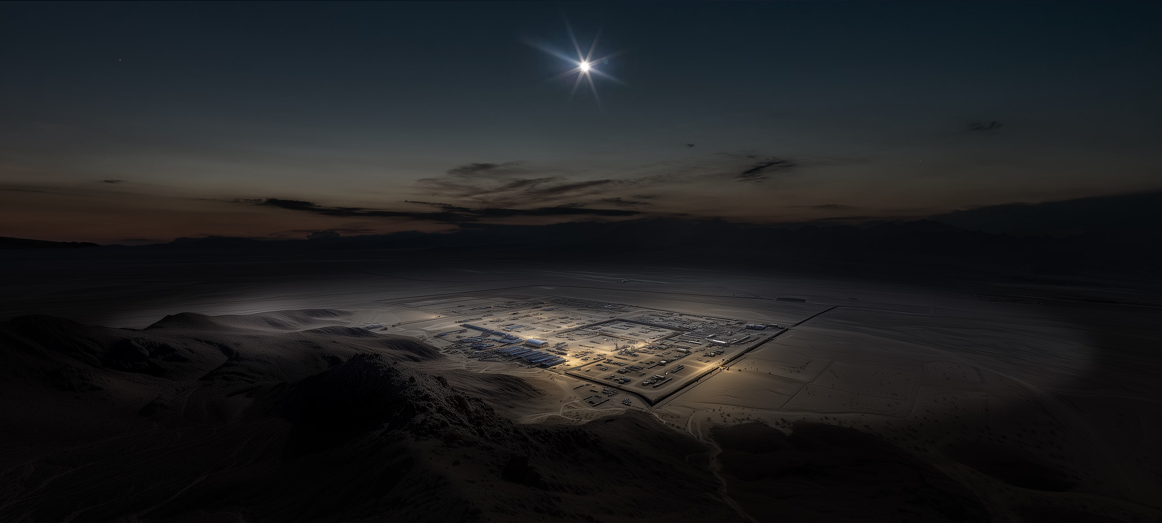 Visão da Terra à noite com uma região iluminada por feixes de luz vindos do espaço, refletidos por espelhos orbitais, destacando o contraste entre áreas escuras e a zona banhada por luz dourada.