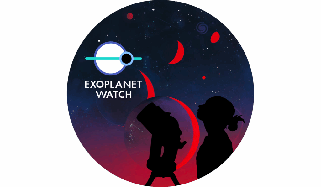 Logotipo do Exoplanet Watch. Em um fundo branco, um gráfico simples aparece acima das palavras 'Exoplanet Watch'. O gráfico consiste em um grande círculo roxo com uma faixa horizontal verde atravessando seu meio e se estendendo bem além do círculo. Na interseção do círculo roxo com a linha verde, no lado direito, há outro círculo, este em azul claro. O círculo roxo representa uma estrela, o círculo azul claro um exoplaneta em órbita, e a linha verde o traçado da órbita do exoplaneta.