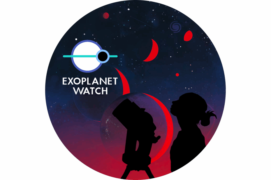 Logotipo do Exoplanet Watch. Em um fundo branco, um gráfico simples aparece acima das palavras 'Exoplanet Watch'. O gráfico consiste em um grande círculo roxo com uma faixa horizontal verde atravessando seu meio e se estendendo bem além do círculo. Na interseção do círculo roxo com a linha verde, no lado direito, há outro círculo, este em azul claro. O círculo roxo representa uma estrela, o círculo azul claro um exoplaneta em órbita, e a linha verde o traçado da órbita do exoplaneta.