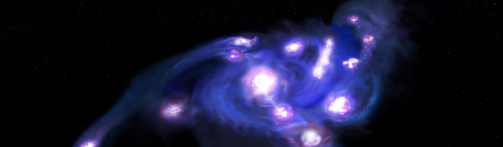 Uma ilustra&ccedil;&atilde;o art&iacute;stica da gal&aacute;xia &ldquo;Uvas C&oacute;smicas&rdquo;, composta por pelo menos 15 aglomerados massivos de forma&ccedil;&atilde;o estelar &mdash; muito mais do que os modelos te&oacute;ricos atuais preveem que poderiam existir dentro de um &uacute;nico disco em rota&ccedil;&atilde;o nesse per&iacute;odo inicial do universo. Cr&eacute;dito: NSF/AUI/NSF NRAO/B. Saxton