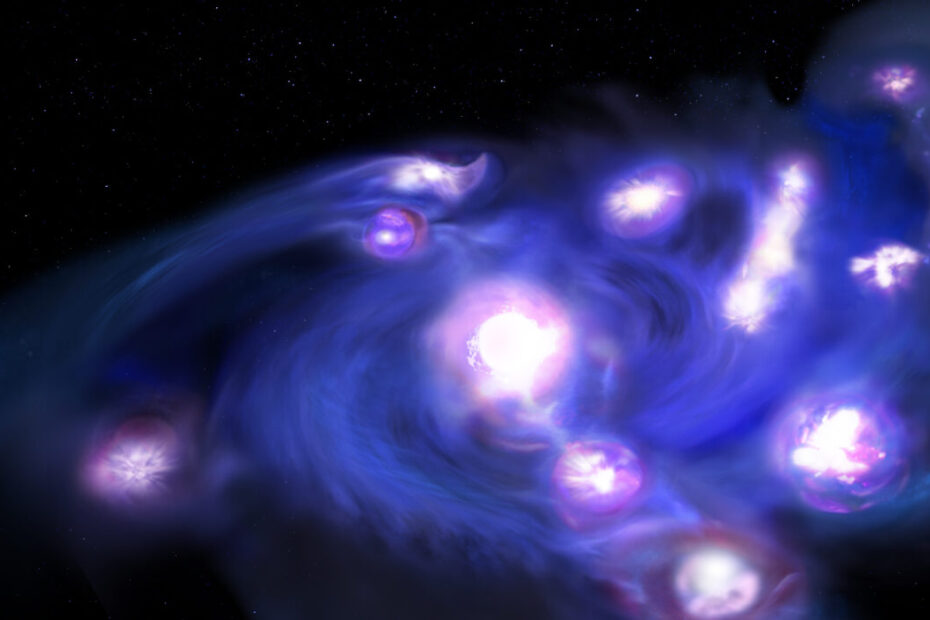 Uma ilustração artística da galáxia “Uvas Cósmicas”, composta por pelo menos 15 aglomerados massivos de formação estelar — muito mais do que os modelos teóricos atuais preveem que poderiam existir dentro de um único disco em rotação nesse período inicial do universo. Crédito: NSF/AUI/NSF NRAO/B. Saxton