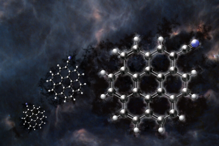 Ilustração Um símbolo estilizado de moléculas em primeiro plano, representando gás molecular, com uma galáxia ao fundo ilustrando a Via Láctea. A imagem transmite a ideia de matéria invisível espalhada pelo espaço interestelar.