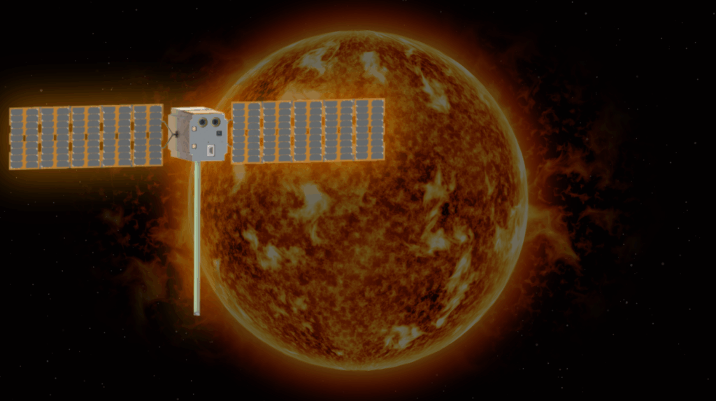 Ilustração artística da missão HENON, o primeiro CubeSat autônomo de espaço profundo da ESA, com o Sol brilhando ao fundo. A imagem representa o pequeno satélite em sua trajetória interplanetária, parte da missão europeia Heliospheric Pioneer for Solar and Interplanetary Threats Defence.