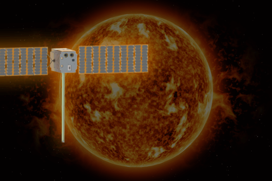 Ilustração artística da missão HENON, o primeiro CubeSat autônomo de espaço profundo da ESA, com o Sol brilhando ao fundo. A imagem representa o pequeno satélite em sua trajetória interplanetária, parte da missão europeia Heliospheric Pioneer for Solar and Interplanetary Threats Defence.