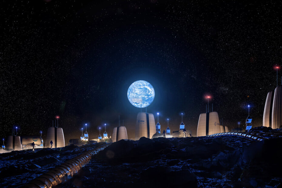 Ilustração de um habitat lunar semi-inflável projetado por Skidmore, Owings & Merrill, localizado na borda da cratera Shackleton, no polo sul da Lua. Diversos módulos estão conectados, com painéis solares captando luz quase contínua, e a Terra visível ao fundo. Crédito: Skidmore, Owings & Merrill. Créditos: ESA