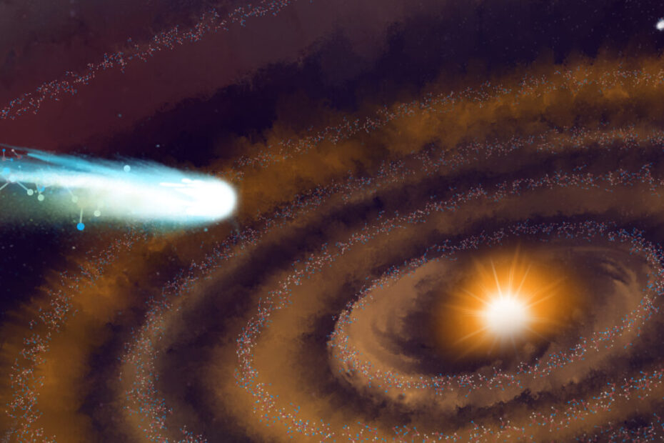 Ilustração artística mostrando um cometa liberando moléculas de água pesada em um disco protoplanetário ao redor de uma jovem estrela, representando a descoberta de água pesada no espaço por astrônomos.