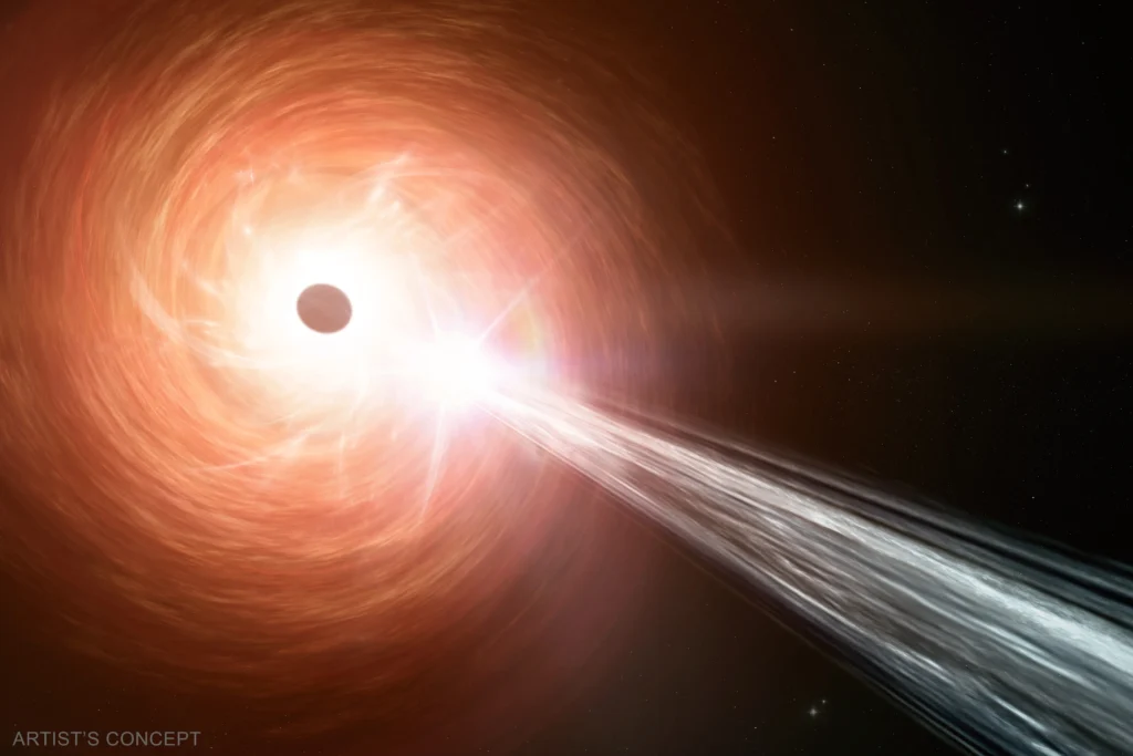 Imagem ilustrativa de um buraco negro no centro de uma galáxia, mostrando o disco de acreção brilhante ao redor e jatos de energia sendo emitidos para o espaço.