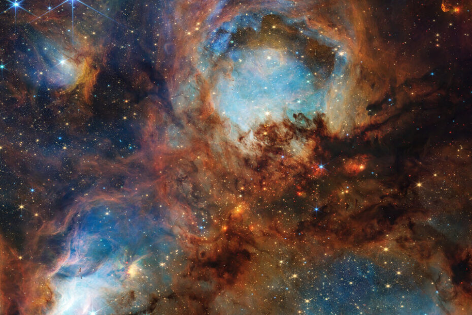 Uma seção da região de formação estelar Pata de gato , composta por gás, poeira e estrelas jovens. Quatro áreas aproximadamente circulares aparecem próximas ao centro: um pequeno oval no canto superior esquerdo, um grande círculo no centro superior e dois ovals na parte inferior esquerda e direita. Cada área circular apresenta um brilho azul luminoso, sendo as regiões central superior e inferior esquerda as mais intensas. Filamentos de poeira marrom-alaranjados, com densidade variável, cercam essas quatro manchas azuladas e se estendem em direção às bordas da imagem. Pequenas zonas, como à esquerda e à direita da área circular azul central, aparecem mais escuras e aparentemente sem estrelas. No centro, pequenos aglomerados vermelho-fogo estão espalhados entre a poeira marrom. Muitas estrelas pequenas, amarelo-esbranquiçadas, estão distribuídas pela cena, algumas com espículas de difração de oito pontas características do Webb. Algumas estrelas maiores azul-brancas, também com espículas de difração, estão espalhadas principalmente no canto superior esquerdo e inferior direito. No canto superior direito, destaca-se um oval vermelho-alaranjado brilhante.