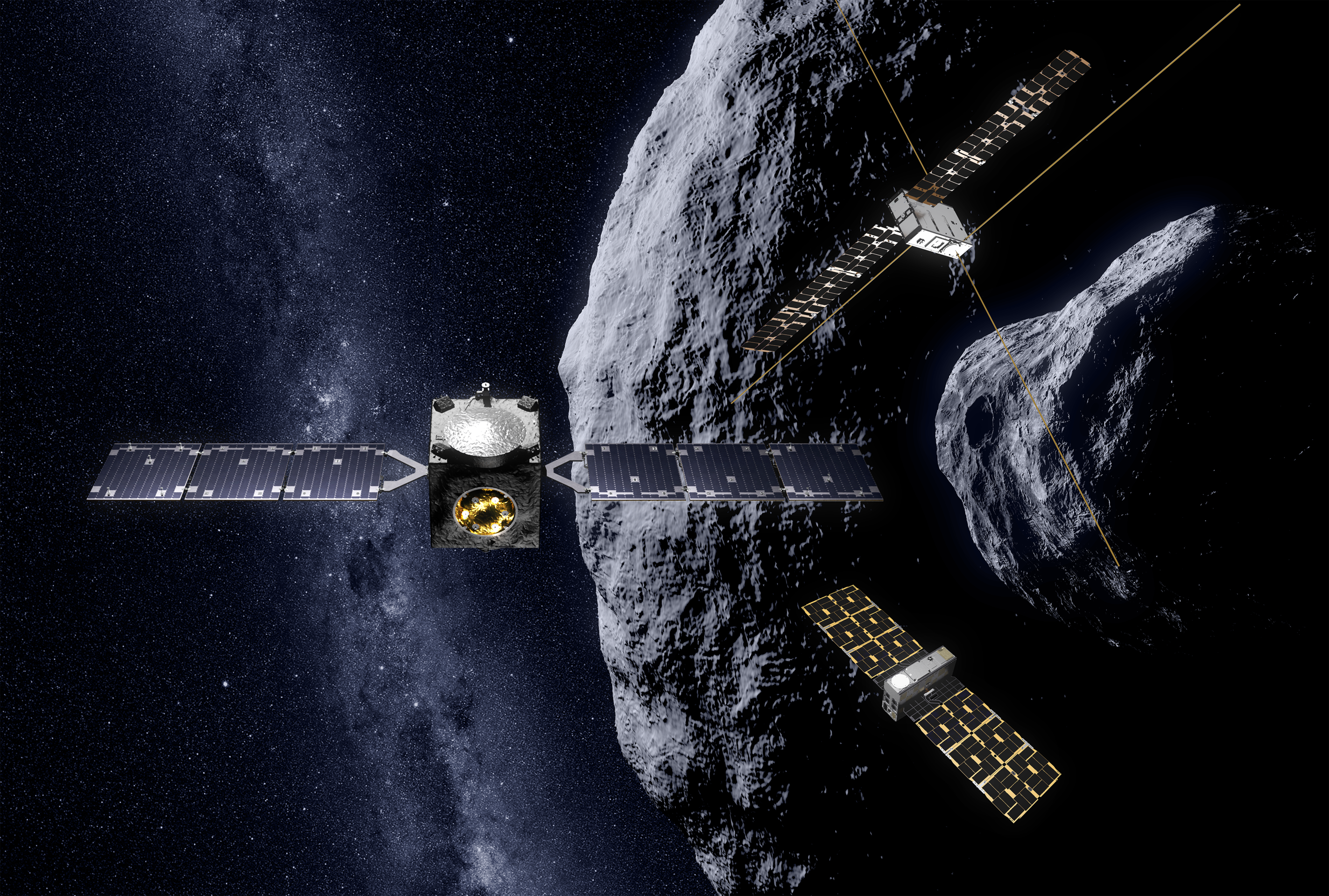 A missão Hera, da ESA, é mostrada junto de seus CubeSats em órbita do asteroide-alvo. Após o Teste de Redirecionamento de Asteroide Duplo (DART), da NASA — que impactou a pequena lua Dimorphos em 2022 para alterar sua órbita em torno do asteroide Didymos —, a Hera será a próxima missão de defesa planetária da Terra, com lançamento previsto para outubro de 2024.