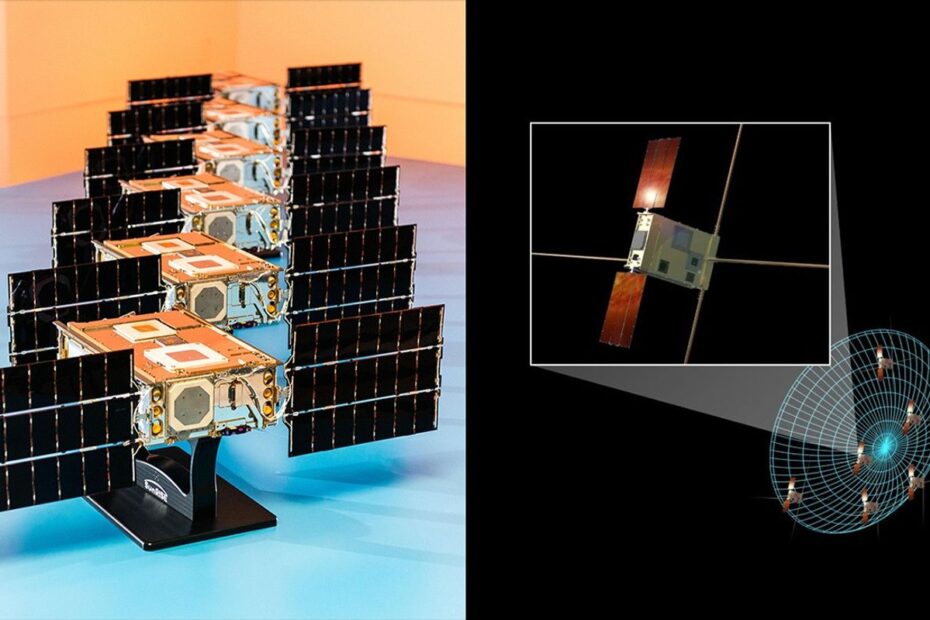 O SunRISE da NASA é composto por seis pequenos satélites, vistos à esquerda alinhados em uma sala limpa, com os painéis solares implantados. Eles voarão em formação, como representado na ilustração artística à direita, funcionando como um único grande radiotelescópio em órbita da Terra.