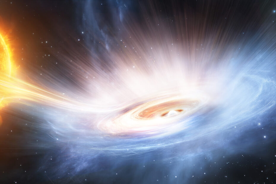 Descrição da imagem: o foco da imagem é um disco de material em espiral que vai do azul ao rosa, circulando ao redor de uma esfera branca e brilhante no centro. Raios luminosos — principalmente em tons de branco e rosa — se elevam na parte superior da imagem, como se um vento estivesse soprando a matéria em rotação. À esquerda da imagem, uma esfera em tons de amarelo e laranja está parcialmente visível, representando uma estrela. Essa estrela parece alimentar o disco por meio de um fluxo de matéria alaranjada que conecta os dois corpos.