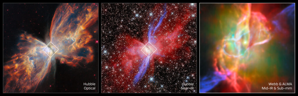 Este conjunto de imagens apresenta três visões da Nebulosa Borboleta, incluindo uma visão óptica e em infravermelho próximo obtida pelo Hubble (à esquerda e no centro) e a imagem mais recente do Webb/ALMA. Crédito: ESA/Webb, NASA & CSA, M. Matsuura, J. Kastner, K. Noll, ALMA (ESO/NAOJ/NRAO), N. Hirano, J. Kastner, M. Zamani (ESA/Webb)