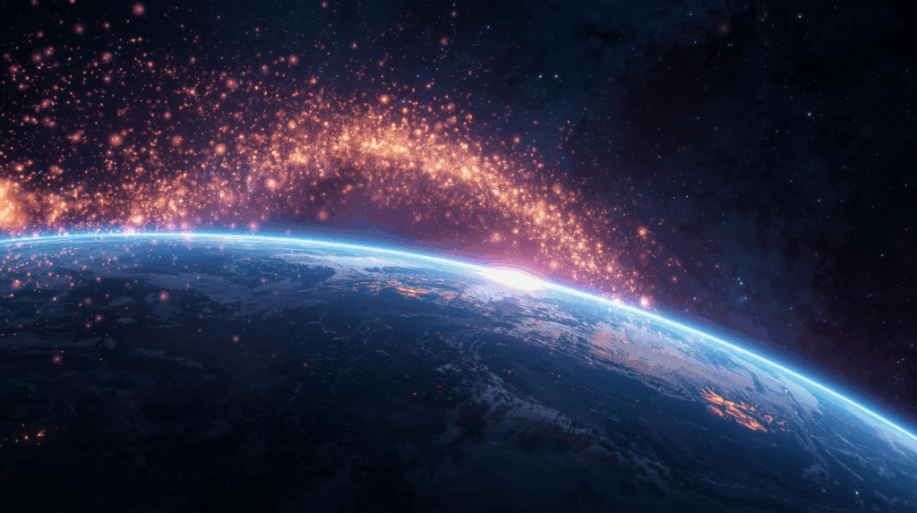 Ilustração digital mostrando neutrinos cósmicos atravessando o espaço profundo, passando por galáxias e estrelas até alcançarem a Terra, simbolizando partículas subatômicas extremamente energéticas.