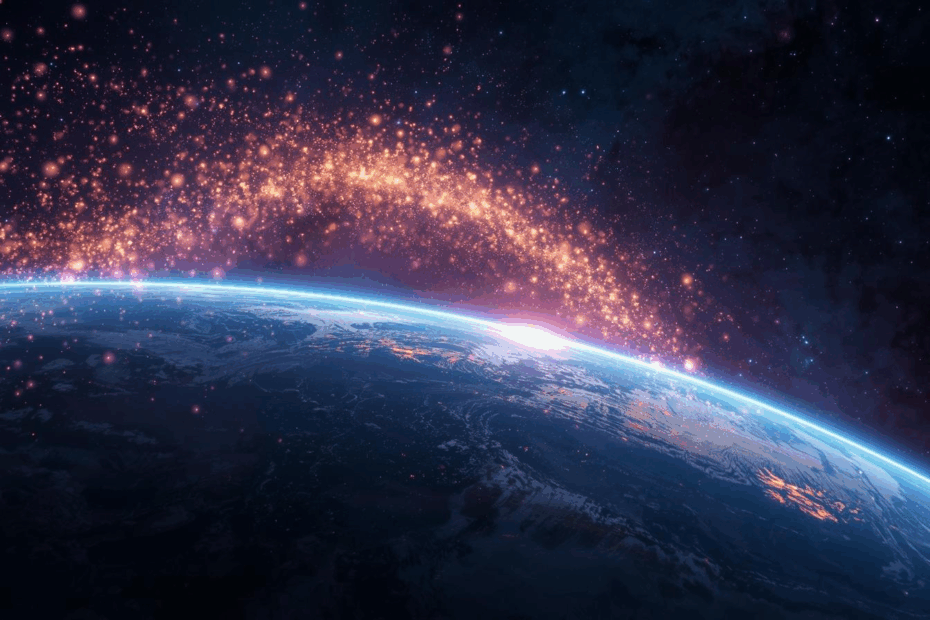 Ilustração digital mostrando neutrinos cósmicos atravessando o espaço profundo, passando por galáxias e estrelas até alcançarem a Terra, simbolizando partículas subatômicas extremamente energéticas.