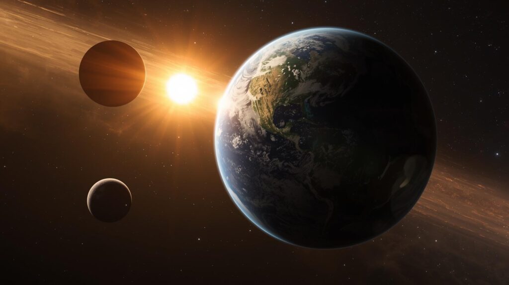 lustração digital mostrando três planetas semelhantes à Terra orbitando em torno de um sistema binário de estrelas, com detalhes de cores, atmosferas e luz refletida das estrelas.