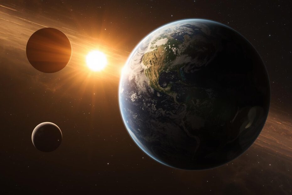 lustração digital mostrando três planetas semelhantes à Terra orbitando em torno de um sistema binário de estrelas, com detalhes de cores, atmosferas e luz refletida das estrelas.