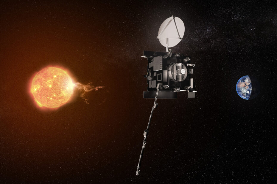 Ilustração mostrando o satélite Vigil da ESA posicionado no ponto de Lagrange L5, observando o Sol de uma perspectiva lateral. A imagem destaca como o Vigil consegue “ver ao redor” do Sol, detectando tempestades solares e ejeções de massa coronal dias antes de atingirem a Terra.