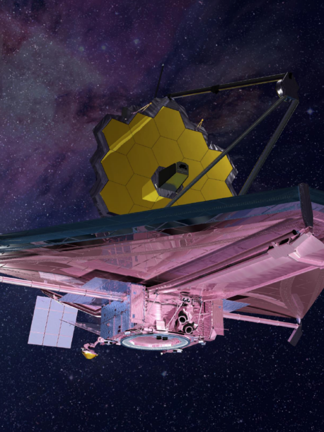 Concept art do Telescópio Espacial James Webb em operação no espaço profundo, mostrando seus painéis dourados refletindo a luz das estrelas. © NASA