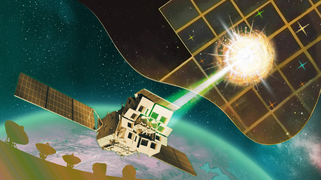 Descrição da imagem: Esta imagem é um retângulo horizontal, com uma representação da sonda Einstein ao centro. A espaçonave tem cor dourada e se parece com múltiplas caixas empilhadas, com painéis escuros saindo de cada lado (arrays solares). No canto superior direito, uma explosão é visível como uma bola amarela com espinhos. Um feixe verde vai da explosão até a espaçonave. Atrás da explosão, o céu noturno é visível, e um destaque amarelo representa uma janela para o Universo distante, com uma grade amarela, representando a óptica “lobster-eye” da sonda Einstein. Atrás da espaçonave, a Terra é visível como um meio globo, em tons roxo-azulados. Na parte inferior da imagem, vários pratos em tons amarelo-verde representam telescópios terrestres.