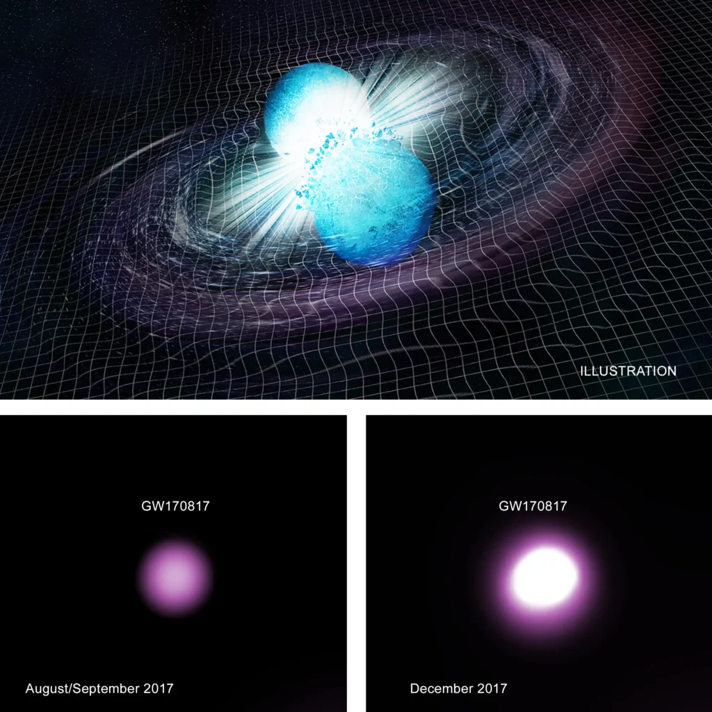Após duas estrelas diferentes passarem por explosões de supernova, dois corpos ultradensos (ou seja, estrelas de nêutrons) foram deixados para trás. Essas duas estrelas de nêutrons estavam tão próximas que a radiação de ondas gravitacionais as puxou uma para a outra até que se fundiram e colapsaram em um buraco negro. A ilustração do artista mostra uma parte crucial do processo que criou este novo buraco negro, enquanto as duas estrelas de nêutrons giram em torno uma da outra durante a fusão. O material roxo representa os detritos da fusão.
Créditos: Ilustração: CXC/M. Weiss; Raios X: NASA/CXC/Trinity University/D. Pooley et al.