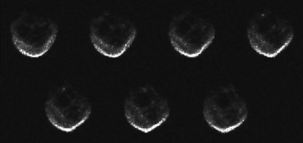 Esta colagem de imagens de radar do asteroide próximo da Terra 2015 TB145 foi coletada pelo Observatório de Arecibo em 30 de outubro de 2015. As imagens mostram a rotação da rocha espacial, que fez sua maior aproximação em 31 de outubro às 13h EDT (10h PDT), a uma distância de 302.000 milhas (486.000 km) — cerca de 1,3 vezes a distância da Terra à Lua.
Créditos da imagem: NAIC-Arecibo / NSF