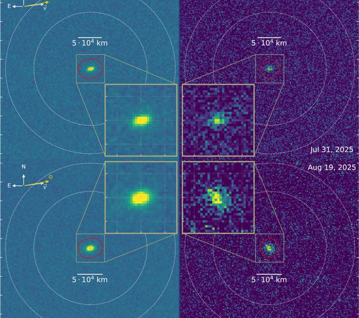"O Telescópio Ultravioleta/Óptico Swift (UVOT) da NASA observou o cometa interestelar 3I/ATLAS durante duas visitas realizadas em julho e agosto de 2025. Os painéis mostram imagens em luz visível (à esquerda) e ultravioleta (à direita), nas quais o brilho tênue do hidroxila (OH) revela o vapor d’água escapando do cometa. Crédito: Dennis Bodewits, Universidade de Auburn.