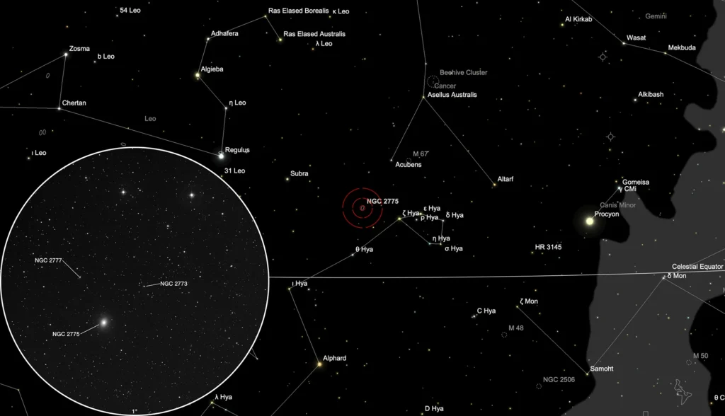 Mapa celeste gerado no SkySafari 6 Pro mostrando constelações até magnitude 6.5 e imagens detalhadas do Digitized Sky Survey com limite de magnitude 20. O gráfico exibe posições estelares para latitude 0°, longitude 0°, horizonte de 5° e data de dezembro de 2025.