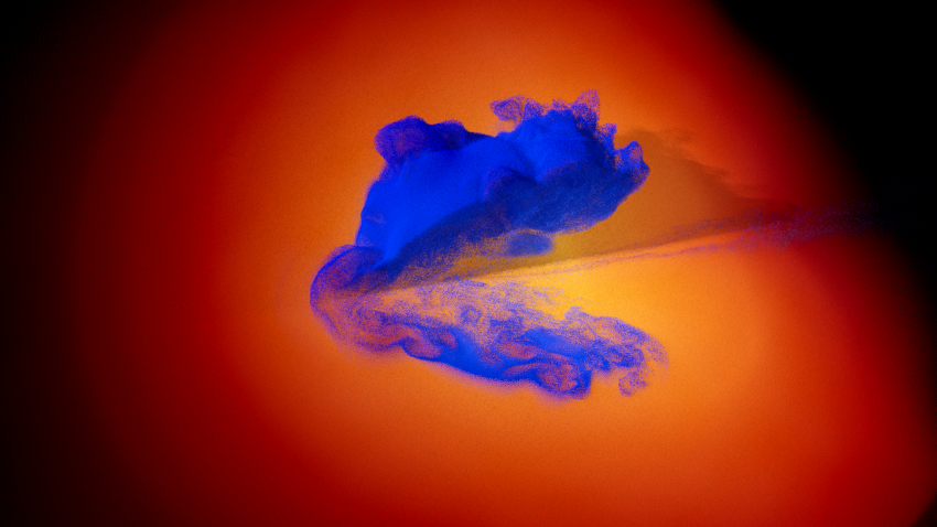 Esta imagem das simulações mostra como a colisão do impactor com o núcleo de Júpiter produz padrões impressionantes de instabilidades nos fluidos, à medida que os materiais se misturam.
📸 Crédito: Jacob Kegerreis / Thomas Sandnes / Durham University