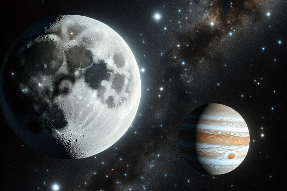 Representação artística digital da conjunção da Lua e Júpiter no céu noturno.