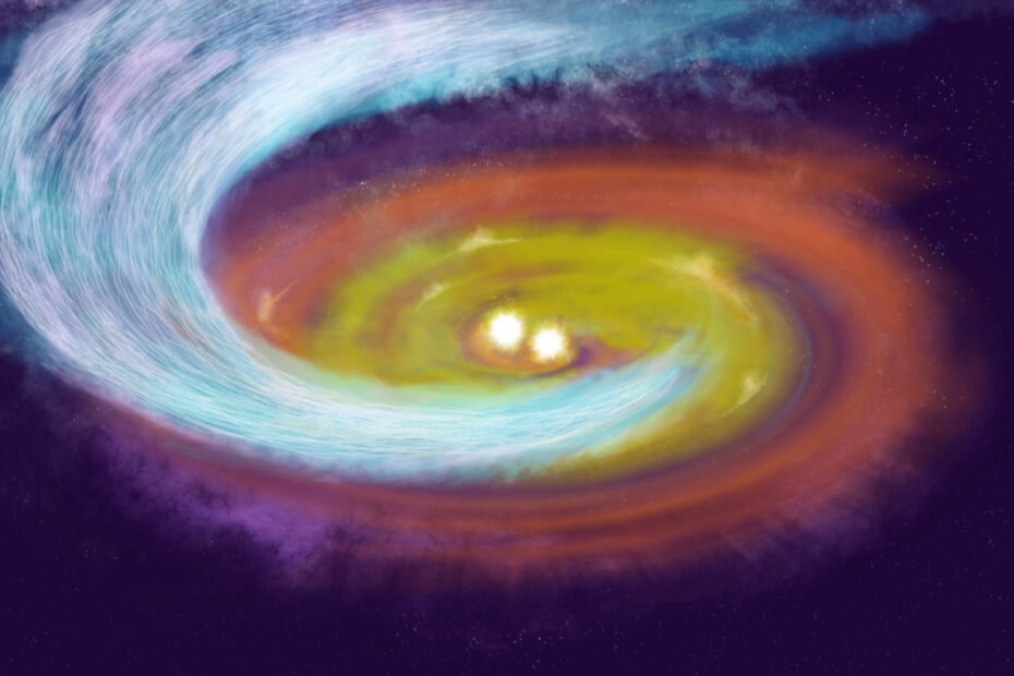 Ilustração artística de um streamer magnético em SVS13A, guiando gás e poeira para estrelas recém-nascidas em Perseus. © NSF/AUI/NRAO/P.Vosteen