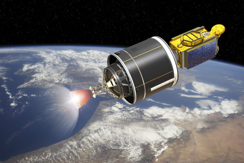 Impressão artística do estágio superior Phoebus para o conceito Ariane 6 em órbita. O estágio superior negro é mostrado acionando o motor Vinci para colocar um satélite em órbita.