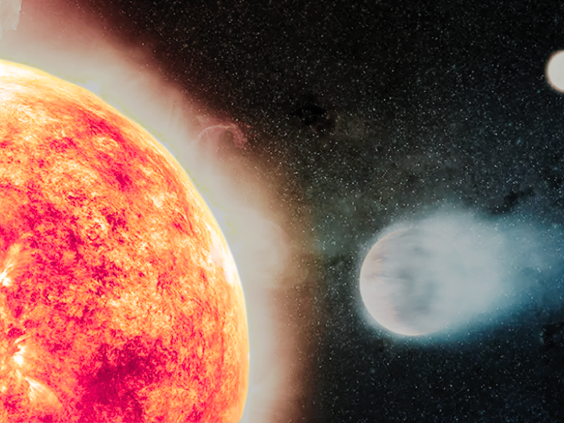 Ilustração artística mostra um planeta gigante gasoso orbitando de perto sua estrela hospedeira, com uma segunda estrela visível ao fundo. O sistema binário retrata como estrelas em evolução podem afetar a estabilidade e o destino de planetas próximos, conforme revelado em novos estudos sobre gigantes vermelhas. Créditos (caso precise incluir): NASA / ESA / STScI